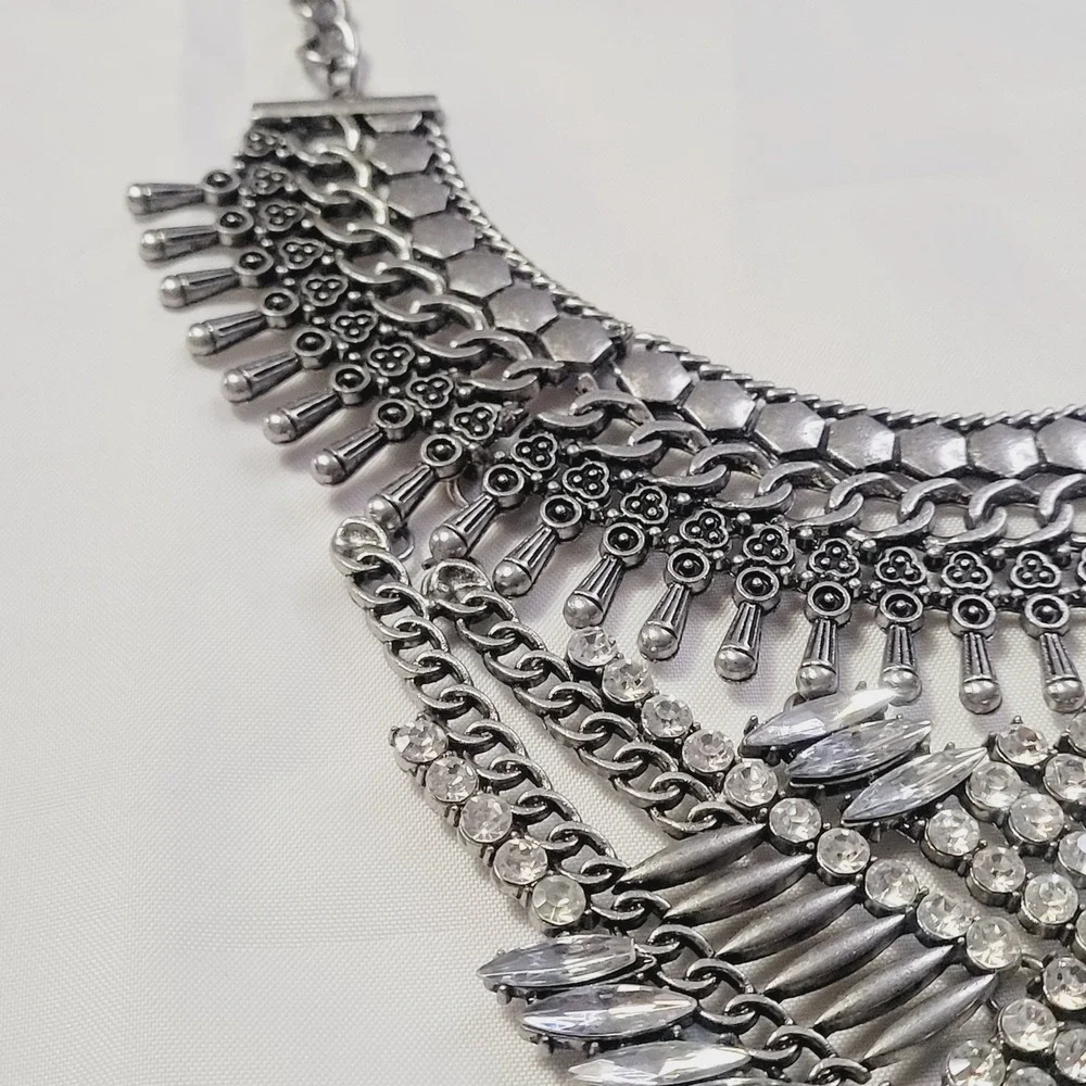 Women's Statement Bib Necklace OS Silver Rhinestone Tiered Boho Crystal U46